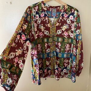 Johnny Was Laurie Milan Blouse print silk vintage boho plus size peasant Sz XXL
